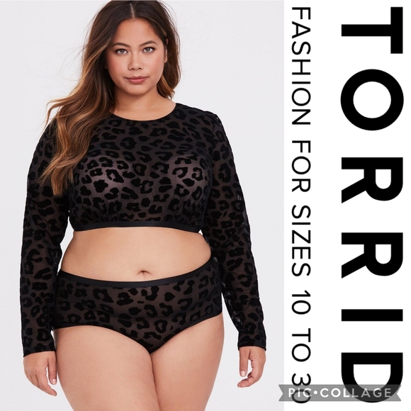 torrid Tops - Torrid 2X Black Mesh Flocked Leopard Long Sleeve Under-It-All Crop Top